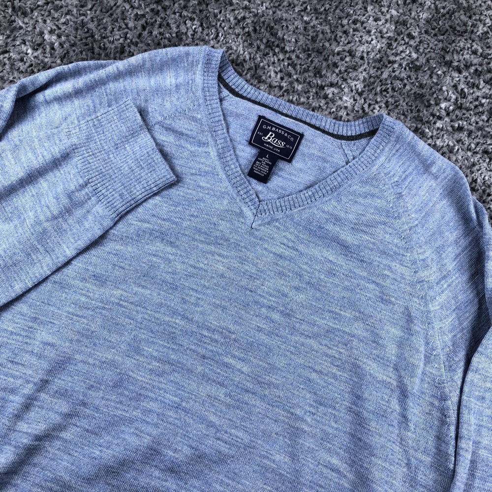G.H. Bass & Co Sweater Mens Large Blue Wool V-Neck Lightweight‎ Knit Pullover